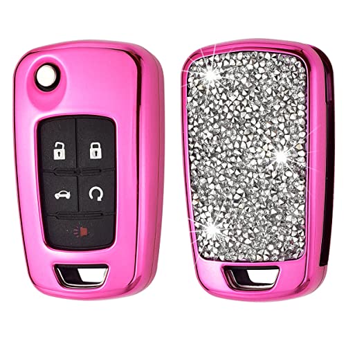 Royalfox(TM) 2 3 4 5 Buttons 3D Bling flip Folding Remote Key Fob case Cover for Chevrolet Chevy Camaro Cruze Equinox Malibu SS Sonic Spark Aveo SAIL 3,Buick Lacrosse Encore GL8 Regal Excelle (Pink)