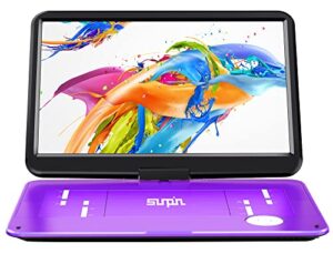 sunpin 17.9″ portable dvd player with 15.6 inch large hd swivel screen, long lasting rechargeable battery, support usb/sd card/av in&out and multiple disc formats, louder stereo speaker (purple)