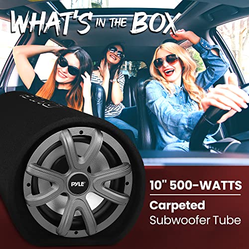 10-Inch Carpeted Subwoofer Tube Speaker - 500 Watt High Powered Car Audio Sub Bass Enclosure System with 2” Aluminum Voice Coil, 4 Ohm, Rear Vented Design - PLTB101