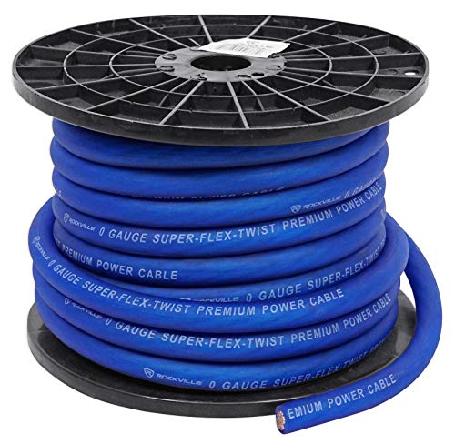 Rockville R0G50BLUE 0 Gauge 50 Foot Spool Blue Car Amp Power+Ground Wire Cable