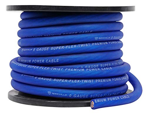Rockville R0G50BLUE 0 Gauge 50 Foot Spool Blue Car Amp Power+Ground Wire Cable