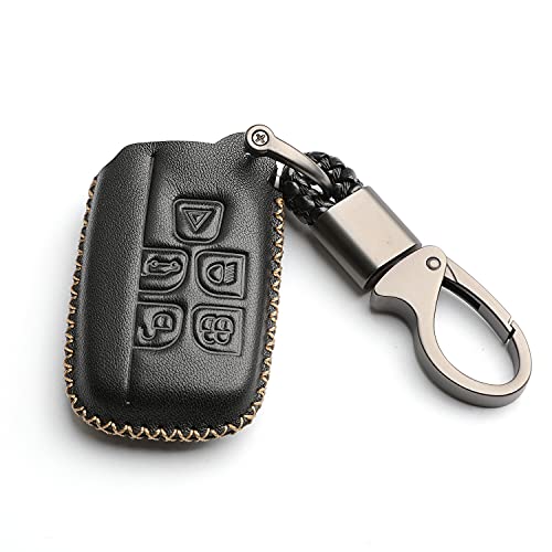 WFMJ Leather for Land Rover Range Rover Sport LR2 LR4 Evoque Jaguar XF XJ XJL XE Remote Smart 5 Buttons Key Fob Case Cover Chain Keychain (Black)