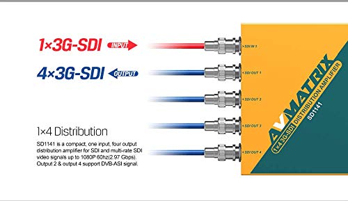 AVMATRIX SD1141 1x4 3G-SDI Reclocking Distribution Amplifier; Automatically Detects SD, HD and 3G-SDI; 4 Buffered and Re-clocked Outputs; 3G/HD/SD-SDI Multi-rate Signal Processing