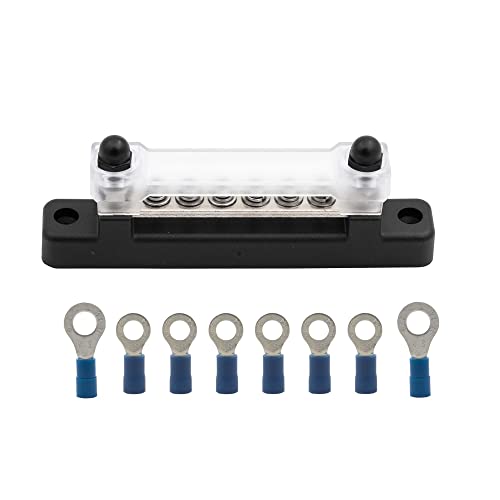 6 Terminal Bus Bar Kit - 150A Bus Bar Block with Cover & Heat Shrink Terminals; Ground Distribution, Power Distribution Terminal Block for Automotive and Marine