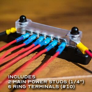 6 Terminal Bus Bar Kit - 150A Bus Bar Block with Cover & Heat Shrink Terminals; Ground Distribution, Power Distribution Terminal Block for Automotive and Marine