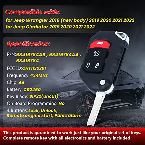 Aichiyu 3+1 Buttons Flip Smart Remote Key Fob Replacement Fits for Jeep Wrangler 2018-2022 Gladiator 2019-2022, FCC ID: OHT1130261, P/N: 68416784AB , 68416784AA , 68416784