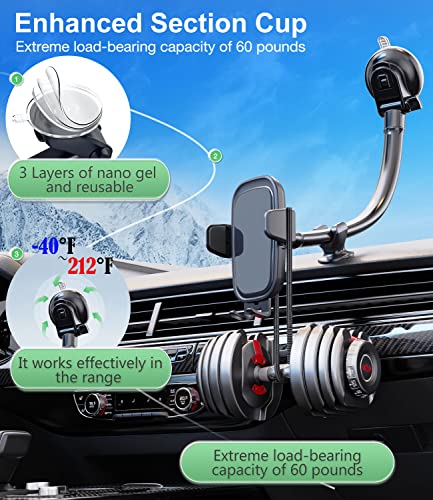 SMORFIT Phone-Mount-for-Car, Long Arm Gooseneck Cell Phone/iPhone Holder Car/Truck for Dashboard/Windshield, Strong Suction Cup Anti-Shake Stabilizer Mobile Stand for Car