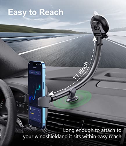 SMORFIT Phone-Mount-for-Car, Long Arm Gooseneck Cell Phone/iPhone Holder Car/Truck for Dashboard/Windshield, Strong Suction Cup Anti-Shake Stabilizer Mobile Stand for Car