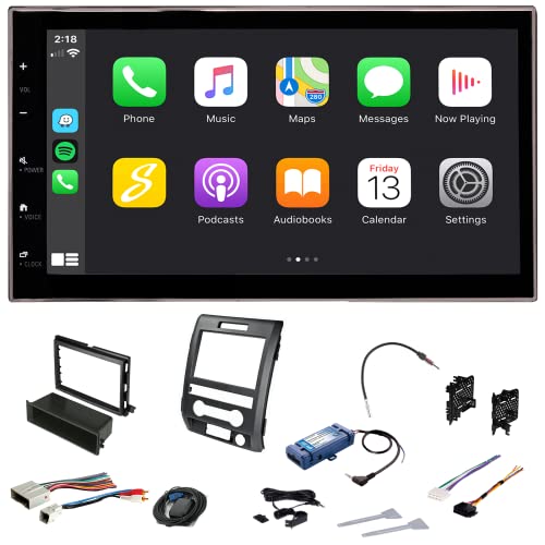 6.8" Ford F-150 (2009-2014) Double Din Car Stereo Kit with Dash Kit, Anntenna Adapter, Apple CarPlay, Android Auto, Bluetooth Naviagtion, Camera Input (Black with Steering Wheel Controls)