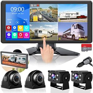 4k rv backup camera system 10.36″ quad split touch screen monitor with 4 1080p rear side view camera, dvr recording bluetooth mp3 mp5 ip69 waterproof night vision for rv truck semi trailer bus tractor