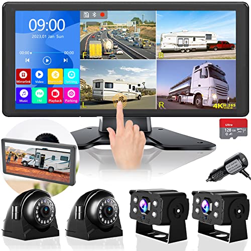 4K RV Backup Camera System 10.36" Quad Split Touch Screen Monitor with 4 1080P Rear Side View Camera, DVR Recording Bluetooth MP3 MP5 IP69 Waterproof Night Vision for RV Truck Semi Trailer Bus Tractor