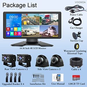 4K RV Backup Camera System 10.36" Quad Split Touch Screen Monitor with 4 1080P Rear Side View Camera, DVR Recording Bluetooth MP3 MP5 IP69 Waterproof Night Vision for RV Truck Semi Trailer Bus Tractor