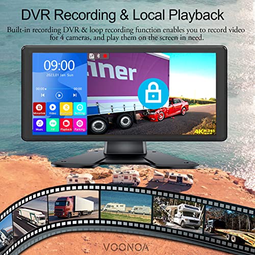 4K RV Backup Camera System 10.36" Quad Split Touch Screen Monitor with 4 1080P Rear Side View Camera, DVR Recording Bluetooth MP3 MP5 IP69 Waterproof Night Vision for RV Truck Semi Trailer Bus Tractor