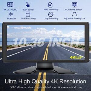 4K RV Backup Camera System 10.36" Quad Split Touch Screen Monitor with 4 1080P Rear Side View Camera, DVR Recording Bluetooth MP3 MP5 IP69 Waterproof Night Vision for RV Truck Semi Trailer Bus Tractor