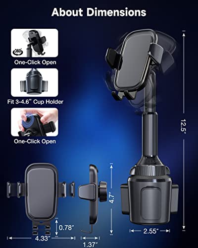 SMORFIT Cup-Holder-Phone-Mount-for-Car/Truck, Quick Extension Long Arm Fast Swivel Adjustable Height 360 Rotatable, Solid Cup Low Profile Universal Mobile Mount