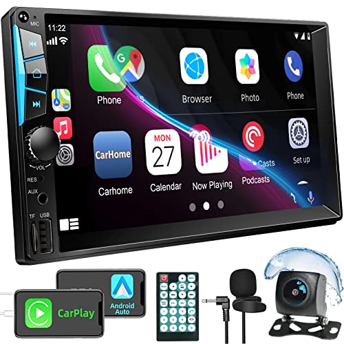 7inch Double Din Car Stereo Radio Voice Control Apple Carplay & Android Auto, Car Audio with HD Touchscreen, Bluetooth, Mirror Link, Backup Camera, SWC, FM/AM, USB/SD, A/V Input