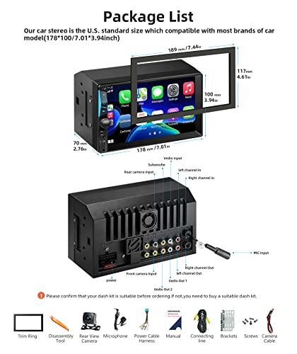 7inch Double Din Car Stereo Radio Voice Control Apple Carplay & Android Auto, Car Audio with HD Touchscreen, Bluetooth, Mirror Link, Backup Camera, SWC, FM/AM, USB/SD, A/V Input