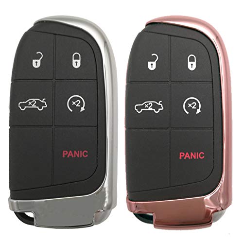 Qty(2) Pink Silver TPU Key Cover Case Fob Holder Jacket Skin for Jeep Grand Cherokee Renegade Chrysler 200 300 Dodge RAM Durango Charger Challenger Journey Dart Fiat