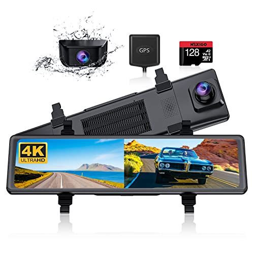 NexiGo D90 (Gen 2) True 4K Mirror Dash Cam with Dual Sony_Sensors, 11 Inch IPS Full Touch Split Screen, Super Night Vision, G-Sensor & Emergency Recording, GPS, Parking Monitor/Assistance