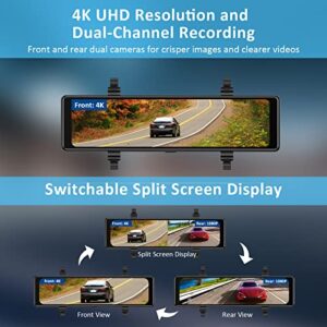 NexiGo D90 (Gen 2) True 4K Mirror Dash Cam with Dual Sony_Sensors, 11 Inch IPS Full Touch Split Screen, Super Night Vision, G-Sensor & Emergency Recording, GPS, Parking Monitor/Assistance
