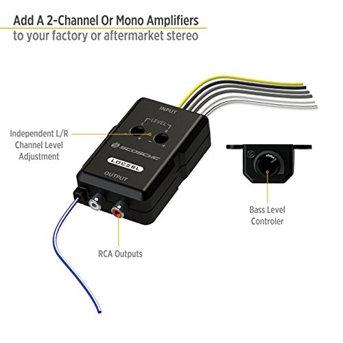 Scosche LOC2SL Line Output Converter Adjustable Amplifier Add On Module for Car Stereo, 2-Channel Signal Sensing Speaker Wire to RCA Adapter with Remote Control Knob, Black