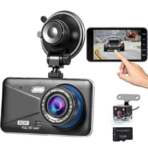 avokadol dash cam front and rear,dual car camera with 32g sd card 4”ips touch screen,1080p dashboard camera for cars & trucks,waterproof rear camera,wdr g-sensor/night vision/parking monitor.