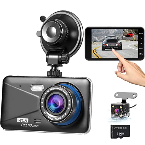 Avokadol Dash Cam Front and Rear,Dual Car Camera with 32G SD Card 4''IPS Touch Screen,1080P Dashboard Camera for Cars & Trucks,Waterproof Rear Camera,WDR G-Sensor/Night Vision/Parking Monitor.