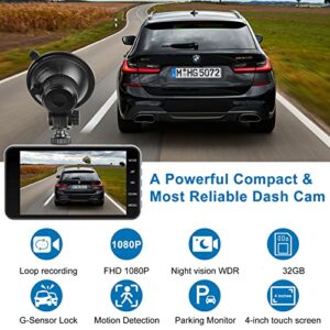 Avokadol Dash Cam Front and Rear,Dual Car Camera with 32G SD Card 4''IPS Touch Screen,1080P Dashboard Camera for Cars & Trucks,Waterproof Rear Camera,WDR G-Sensor/Night Vision/Parking Monitor.