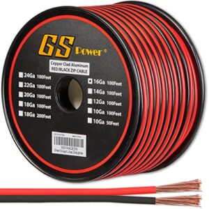 gs power 16 gauge stranded copper clad aluminum 100ft red / 100ft black bonded zip cord wire for 12 volt automotive harness car audio hookup amplifier led light wiring
