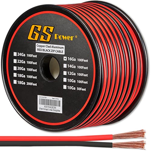 GS Power 16 Gauge Stranded Copper Clad Aluminum 100ft Red / 100ft Black Bonded Zip Cord Wire for 12 Volt Automotive Harness Car Audio Hookup Amplifier LED Light Wiring