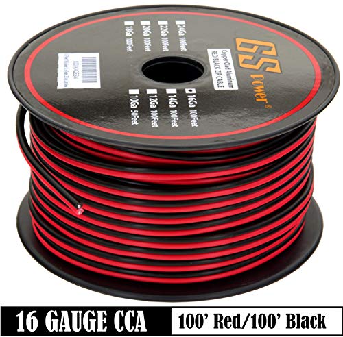 GS Power 16 Gauge Stranded Copper Clad Aluminum 100ft Red / 100ft Black Bonded Zip Cord Wire for 12 Volt Automotive Harness Car Audio Hookup Amplifier LED Light Wiring