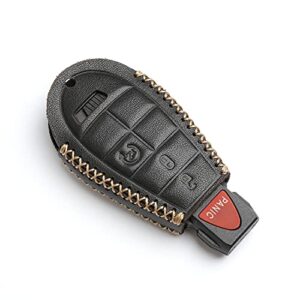 WFMJ Leather for IYZ-C01C Chrysler 300 Town & Country Dodge Challenger Durango Grand Caravan Journey Magnum Ram 1500 2500 3500 Jeep Grand Cherokee 4 Buttons Key Fob Case Cover Chain