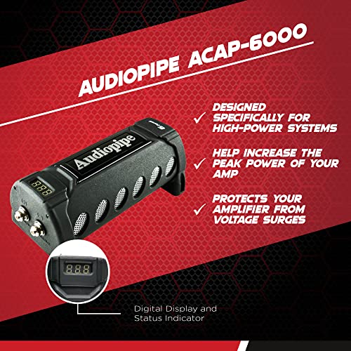 Audiopipe ACAP-6000 Car Audio 6 Farad 24 Volt Surge Power Capacitor Kit for Car Stereo Amplifier with Digital Display and Electronic Protection, Black