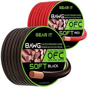 gearit 8 gauge wire oxygen free copper ofc (50ft each- black/red translucent) 8 awg – primary automotive wire power/ground, battery cable, car audio speaker, rv trailer, amp, electrical 8ga – 50 feet