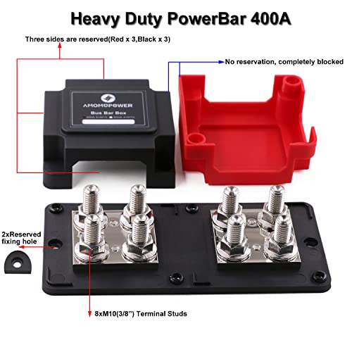 T Tocas Heavy Duty 400ABus Bar Power Distribution Block Ground Busbar Box 8XM10 (3/8") Terminal Studs Module Design 48V DC Black & Red Cover