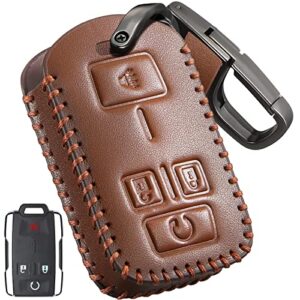 slohif for chevy chevrolet leather key fob cover accessories for silverado colorado gmc sierra canyon 2014-2019 4 buttons, leather case+d-ring+hook(brown)