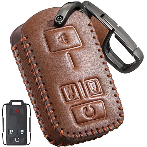 Slohif for Chevy Chevrolet Leather Key Fob Cover Accessories for Silverado Colorado GMC Sierra Canyon 2014-2019 4 Buttons, Leather Case+D-Ring+Hook(Brown)