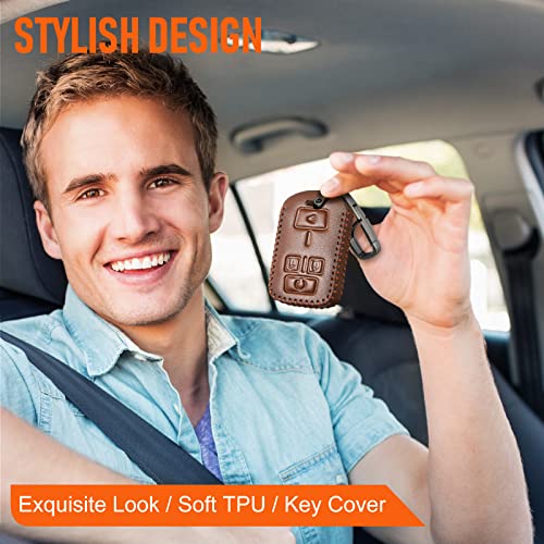 Slohif for Chevy Chevrolet Leather Key Fob Cover Accessories for Silverado Colorado GMC Sierra Canyon 2014-2019 4 Buttons, Leather Case+D-Ring+Hook(Brown)