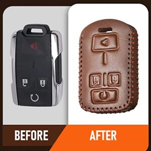 Slohif for Chevy Chevrolet Leather Key Fob Cover Accessories for Silverado Colorado GMC Sierra Canyon 2014-2019 4 Buttons, Leather Case+D-Ring+Hook(Brown)