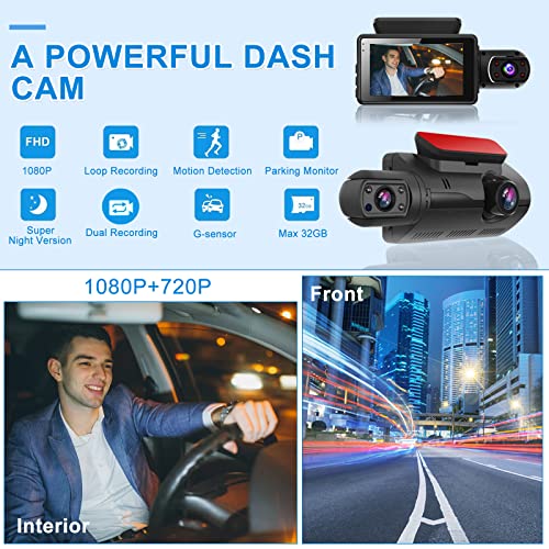 Dash Cam Front and Inside 1080P Dual Dash Camera for Cars 3 Inch Full HD 110° Wide Angle Car Dashboard Camera w/Infrared Night Vision, G-Sensor, Parking Monitor, Loop Recording, Motion Detection