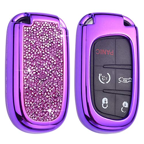 Royalfox 3d bling shiny rhinstone girly 3/4/5 buttons key fob case cover skin for Jeep Grand Cherokee Renegade,Fiat,Dodge Charger Challenger Dart Journey Durango,chrysler 200 300 (purple with silver)