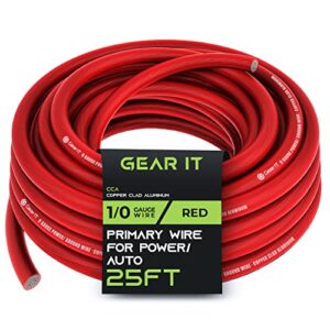gearit 1/0 gauge wire (25ft – red translucent) copper clad aluminum cca – primary automotive wire power/ground, battery cable, car audio speaker, rv trailer, amp, electrical 0ga awg 25 feet