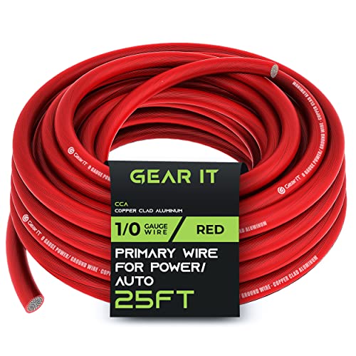 GearIT 1/0 Gauge Wire (25ft - Red Translucent) Copper Clad Aluminum CCA - Primary Automotive Wire Power/Ground, Battery Cable, Car Audio Speaker, RV Trailer, Amp, Electrical 0ga AWG 25 Feet