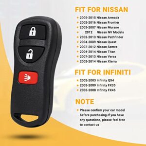 Replacement Key Fob Keyless Entry Remote Compatible with Nissan Xterra Titan Armada Frontier Quest Sentra Infiniti FX35 FX45 QX4 3 Buttons Car Key KBRASTU15-2 Packs