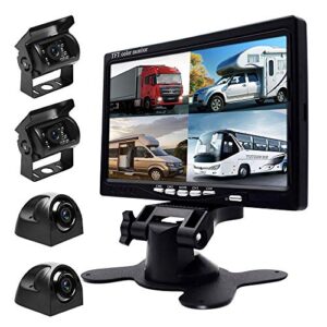 backup camera monitor kit split screen 7″ lcd reversing monitor, 4 rear backup camera for trucks/bus/trailer/campers, 170° wide angle, ip68 waterproof, ir night vision, hard-wired rv backup camera