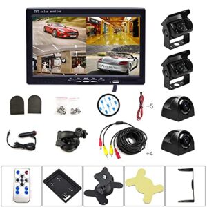 Backup Camera Monitor Kit Split Screen 7" LCD Reversing Monitor, 4 Rear Backup Camera for Trucks/Bus/Trailer/Campers, 170° Wide Angle, IP68 Waterproof, IR Night Vision, Hard-Wired RV Backup Camera