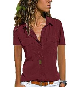 andongnywell womens short sleeve shirts v neck collared button down shirt tops with pockets summer business (red wine,7,4x-large)
