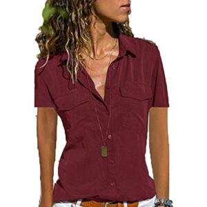 Andongnywell Womens Short Sleeve Shirts V Neck Collared Button Down Shirt Tops with Pockets Summer Business (Red Wine,7,4X-Large)