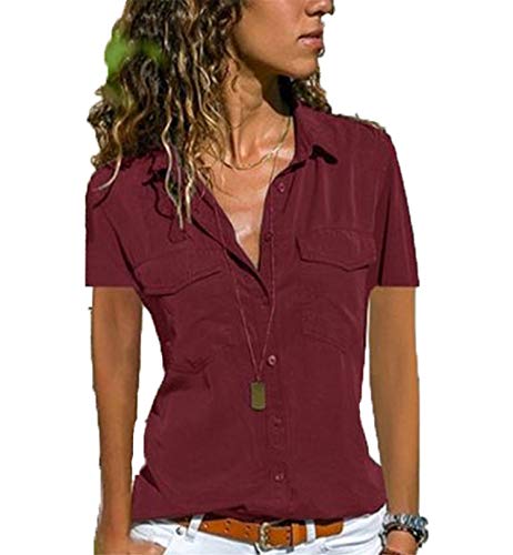 Andongnywell Womens Short Sleeve Shirts V Neck Collared Button Down Shirt Tops with Pockets Summer Business (Red Wine,7,4X-Large)