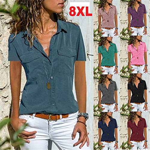 Andongnywell Womens Short Sleeve Shirts V Neck Collared Button Down Shirt Tops with Pockets Summer Business (Red Wine,7,4X-Large)